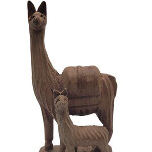 Llama, Llama Animal Hand Carved Wood Figurine Mom & Baby Brown Color Folk Art